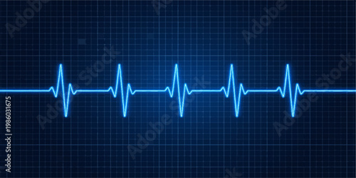 A blue medical cardiogram pulse line forms the shape of a heart on an EKG monitor to illustrate healthy cardiology technology and life rate