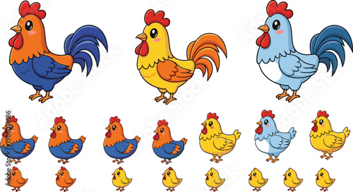 Cute Collection of Roosters and Chicks in Various Colors and Poses for Farm, Animal, and Cartoon-Themed Illustrations