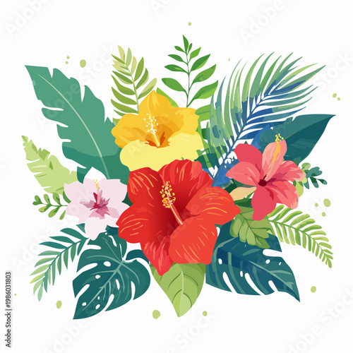 Lebendige tropische Blumen, einzeln freigestellt auf weißem Hintergrund,