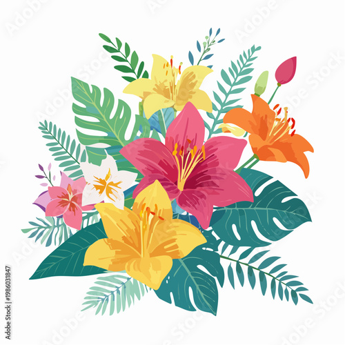 Lebendige tropische Blumen, einzeln freigestellt auf weißem Hintergrund,