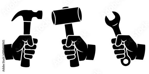 Silhouette set of hands holding tools including hammer wrench and mallet raised fists symbolizing protest power unity resistance and solidarity