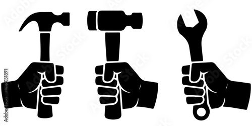 Silhouette set of hands holding tools including hammer wrench and mallet raised fists symbolizing protest power unity resistance and solidarity