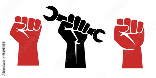 Silhouette set of hands holding tools including hammer wrench and mallet raised fists symbolizing protest power unity resistance and solidarity