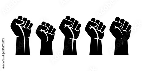 Silhouette set of hands holding tools including hammer wrench and mallet raised fists symbolizing protest power unity resistance and solidarity