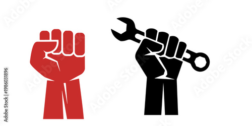 Silhouette set of hands holding tools including hammer wrench and mallet raised fists symbolizing protest power unity resistance and solidarity