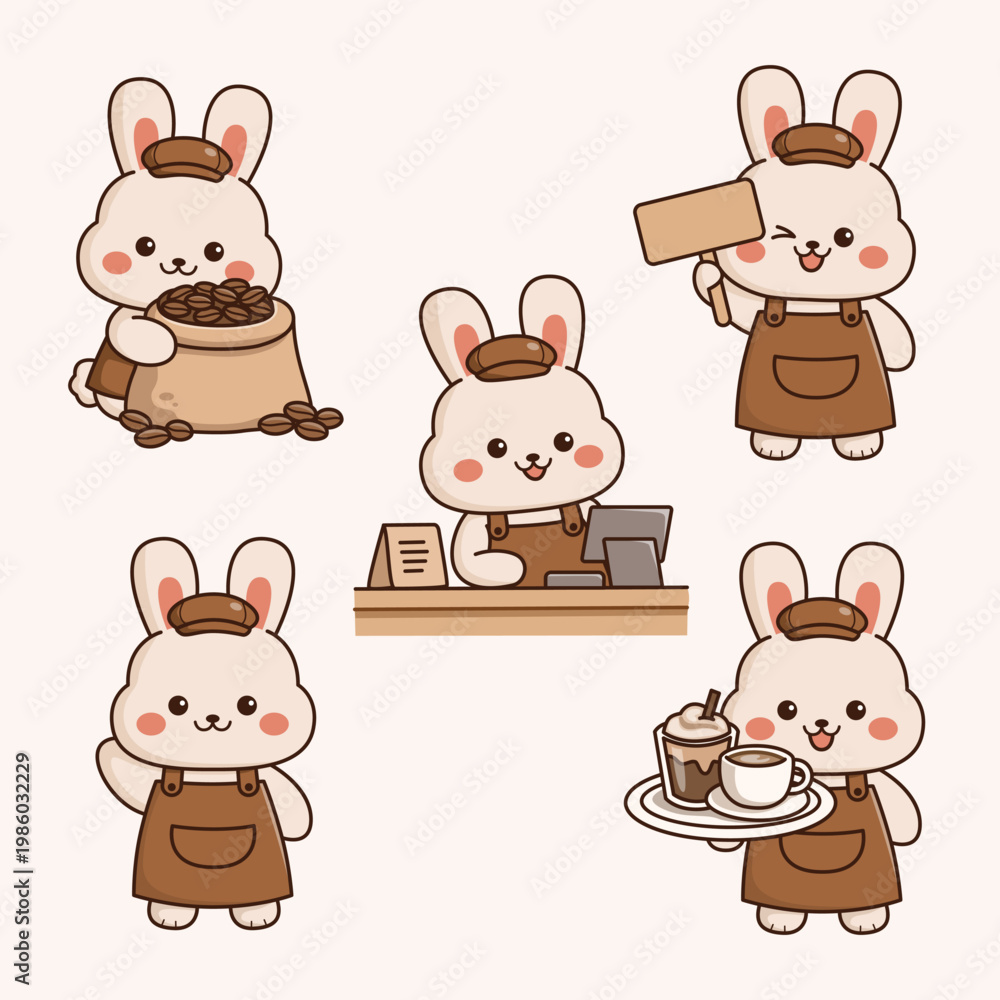 Naklejka premium Cute Bunny Barista Illustration Set Kawaii Coffee Shop Rabbit Character Collection