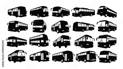 A collection of black silhouette buses are arranged in a grid showcasing various bus designs and perspectives