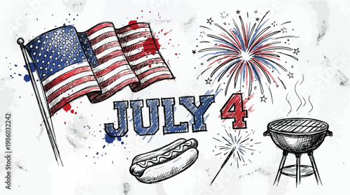Festive Fourth of July Illustration with American Flag, Fireworks, Hot Dog and Grill Vector Graphic