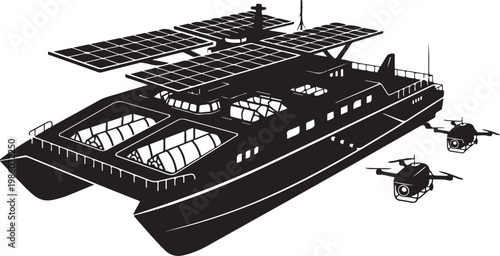 Solar powered boat, eco friendly yacht, sustainable vessel, renewable energy ship