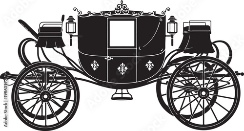 Vintage horse carriage, luxury transport, black and white vector, royal carriage, elegant vehicle