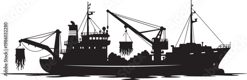 Fishing Trawler, Industrial Boat, Black Silhouette, Vector Illustration, Nautical Icon