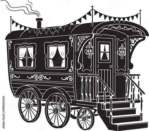 Vintage Gypsy Caravan, Black and White Illustration, Ornate Wagon, Travel Trailer