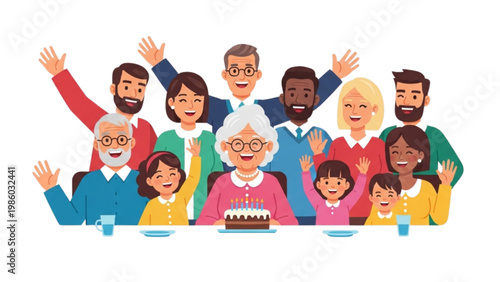 happy multigenerational family celebrating senior birthday with cake illustration