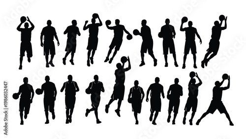 Silhouette collection of basketball players in various action poses against a plain white background high quality