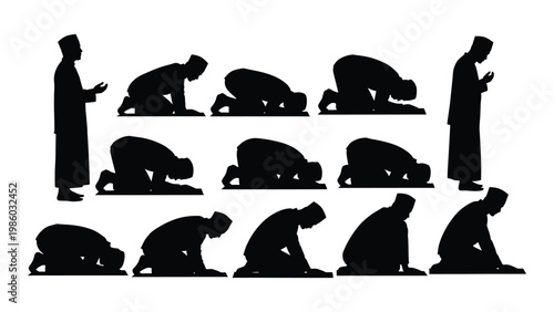 A series of silhouetted figures depicting various stages of the islamic prayer salat high quality professional