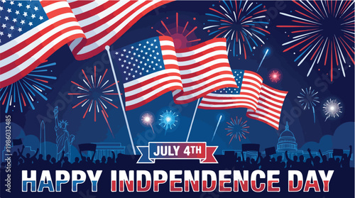 Festive Fourth of July Independence Day Vector Illustration with American Flags Fireworks and National Monuments