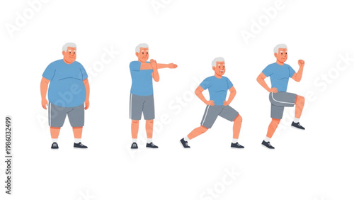 senior weight loss journey step by step fitness transformation flat illustration