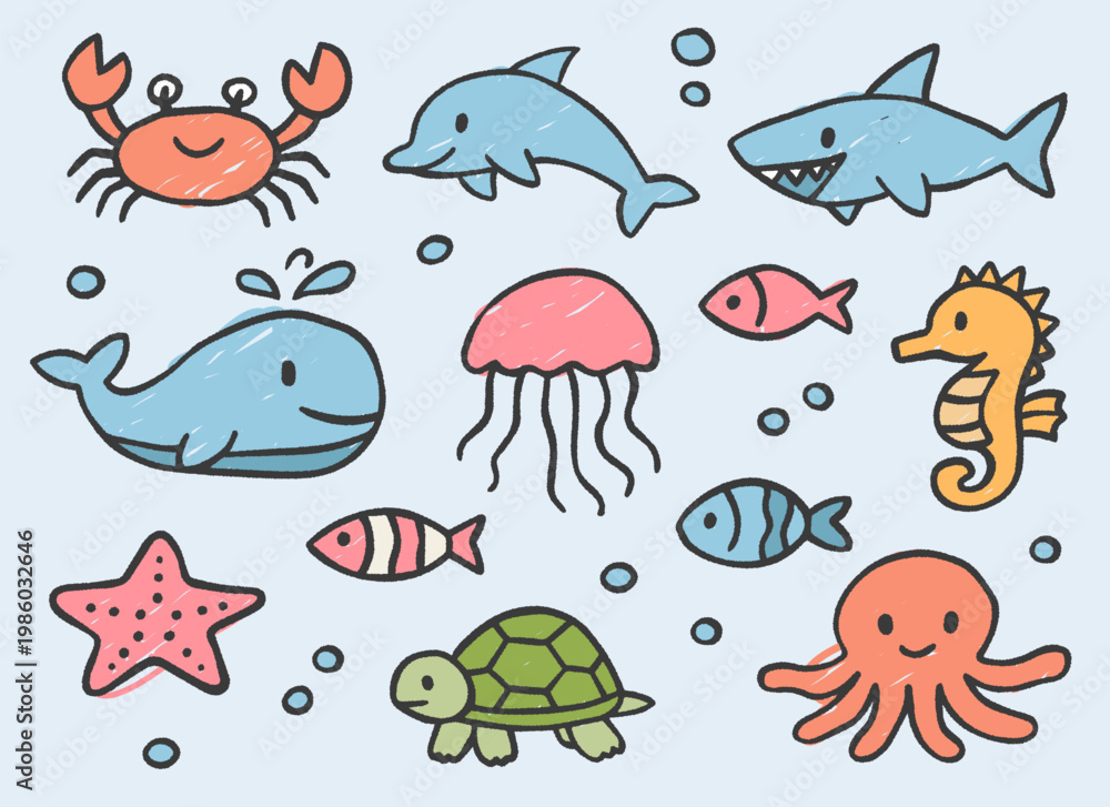 Fototapeta premium Set of colorful sea animal doodles in children's crayon drawing style. Cute underwater creatures vector.