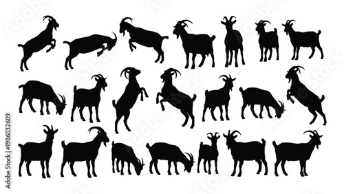 A collection of black silhouette illustrations depicting various poses of domestic goats on a white background