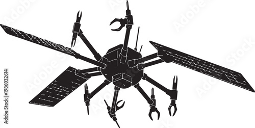 Satellite, spacecraft, black illustration, solar panels, antennae, vector graphic