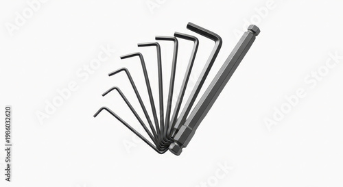 Set of metallic hex key allen wrenches arranged fan style on a clean white background