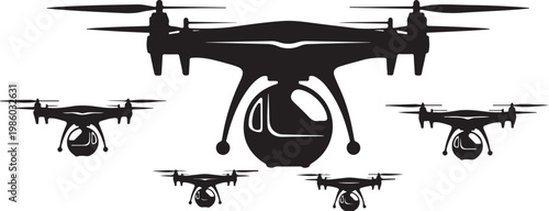 Drone, drones, quadcopter, quadcopters, black, silhouette, vector, icons, set, 5 drones
