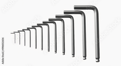Hex keys set arranged in gradient sizes on clean white background for precision work