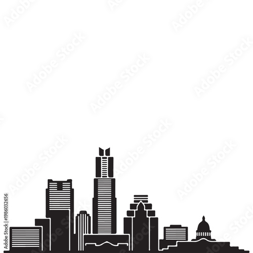 Austin Texas city skyline silhouette minimalist vector illustration with landmark skyscraper and state capitol dome