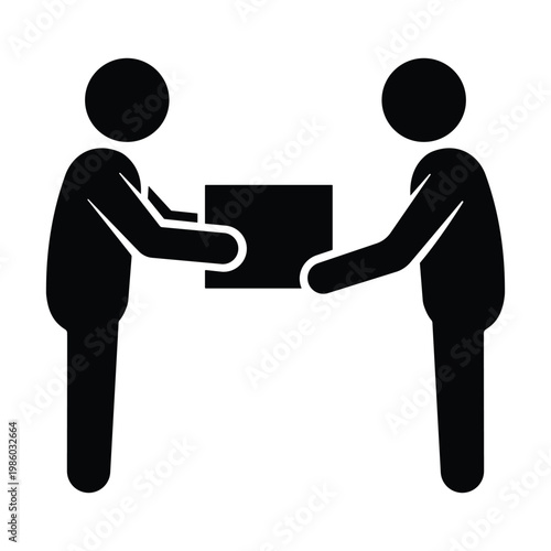 Two black silhouette figures exchanging a black square box against a white background also transparent background 1 