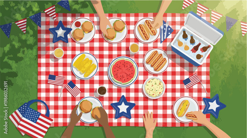 Festive Fourth of July Picnic Vector Illustration with American Flags and Summer Food