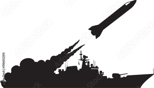 Warship, naval vessel, military boat, missile launch, black silhouette, vector graphics