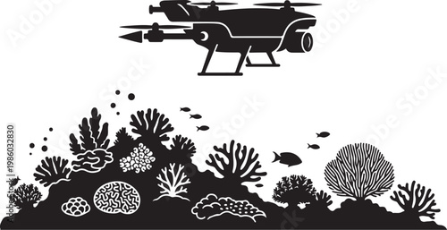 Underwater drone, coral reef, black and white vector, ocean exploration, marine life