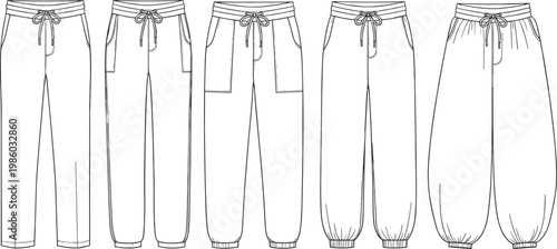 Technical Fashion Flat Sketch Set of Women's Casual Sweatpants and Joggers Featuring Drawstring Elastic Waistbands Utility Pockets and Ribbed Cuffs for Apparel Design Tech Packs.