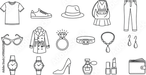 Large collection of fashion and lifestyle line icons featuring clothing, jewelry, accessories, shoes, and beauty products in a clean minimal vector style.
