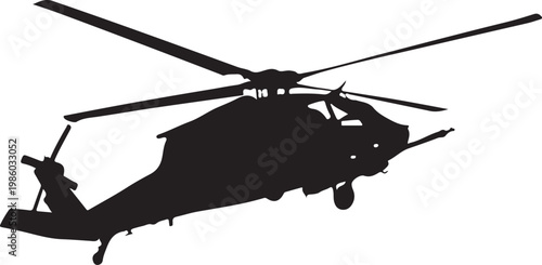 Black helicopter silhouette, military aircraft icon, rotorcraft symbol, aviation graphic