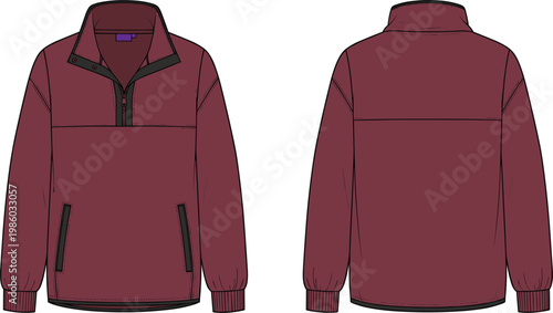 Technical fashion flat sketch of a maroon quarter zip fleece jacket with black trim detailing featuring front and back views for tech pack design.