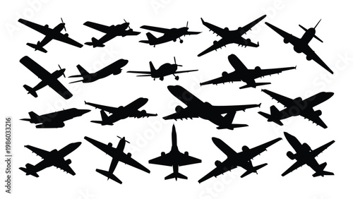 A collection of black silhouettes depicting various types of airplanes and military aircraft high quality professional