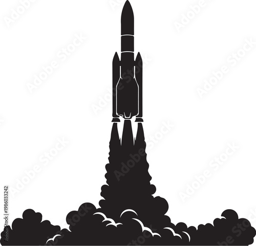 Rocket launch, space exploration, black silhouette, vector icon, astronomy symbol