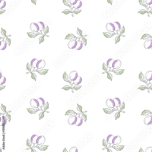 This vector illustration features a seamless pattern of delicate purple plums surrounded by green leaves. Ideal for fabric design, wallpapers, or stationery, it adds a fresh and fruity touch.