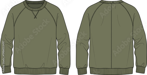 Technical vector drawing of an olive green raglan sweatshirt mockup showing front and back views with ribbed cuffs and neck cross stitch detail.