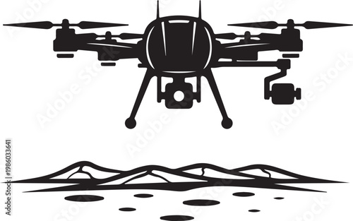 Drone, Aerial, Vector Icon, Black Silhouette, Mountain Landscape