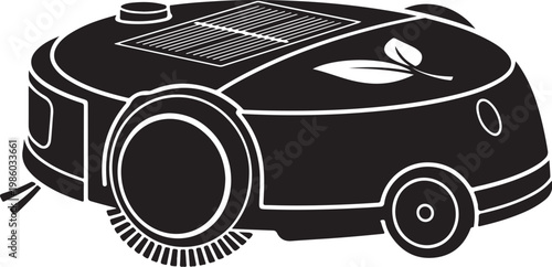 Solar Powered Robot Vacuum Cleaner Icon, Eco Friendly Cleaning Robot, Black and White Vector Illustration, Modern Home Automation Device
