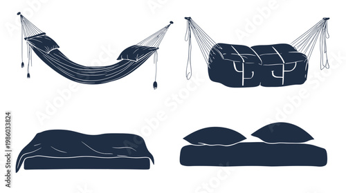 A collection of stylized illustrations showing various types of beds and relaxation objects