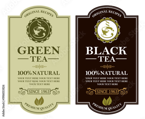 collection of green and black tea labels with leaves and cup