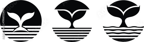 Whale Tail Circle Logo Set, Minimalist Marine Life Negative Space Emblems, Abstract Whale Fluke Icons, Three Nautical Ocean Sunset Vector Silhouettes