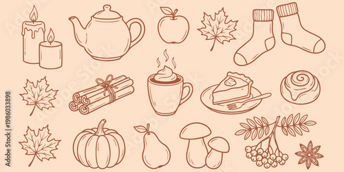 Autumn's Cozy Collection: A charming illustration captures the essence of autumn, featuring a delightful assortment of seasonal elements that evoke warmth and comfort.