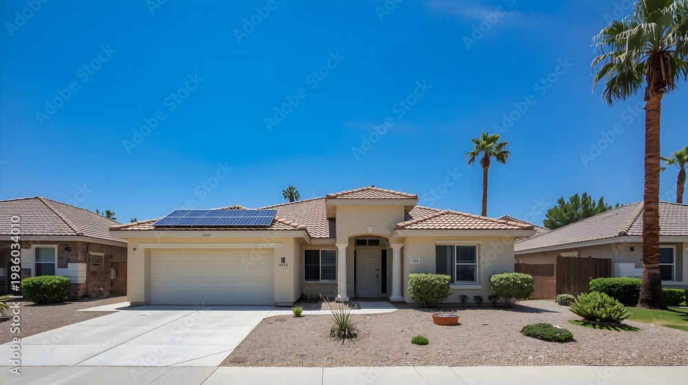 Fototapeta premium Modern suburban desert home with tile roof and palm trees under clear blue sky