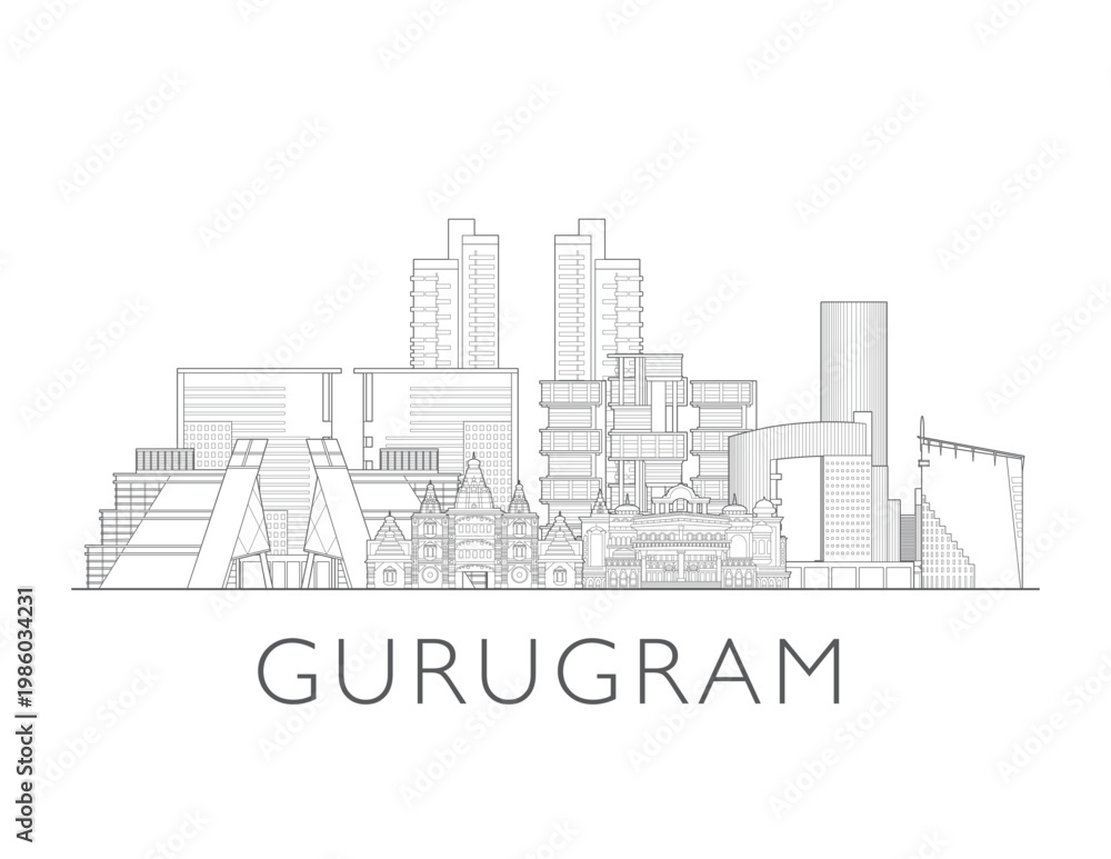 Obraz premium Gurgaon (Gurugram) skyline India. Urban cityscape with landmarks and monuments. Hand drawn line art digital skyline illustration.