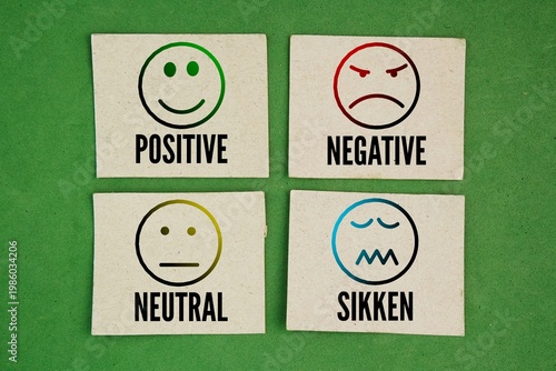 Foto What are the 4 types of attitude? Face emoji emotion positive, negative, neutral, and sikken word