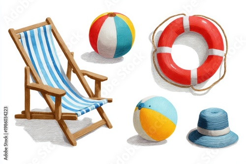 a colorful illustration of summer objects including a beach chair, ball, lifebuoy and hat on a white background.
